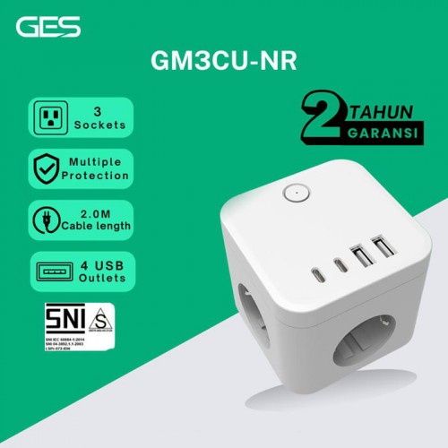 GES GM3CU-NR Colokan Stop Kontak 3 Socket 4 USB Anti Petir Surge Protector