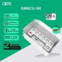 GES GM6CU-SR Colokan Stop Kontak 6 Socket 4 USB Anti Petir Kotak Surge Protector Box
