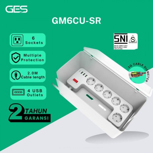 GES GM6CU-SR Colokan Stop Kontak 6 Socket 4 USB Anti Petir Kotak Surge Protector Box