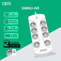 GES GM8U-NR Colokan Stop Kontak 8 Socket 4 USB Anti Petir Surge Protector