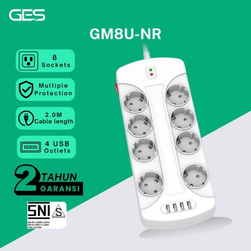 GES GM8U-NR Colokan Stop Kontak 8 Socket 4 USB Anti Petir Surge Protector