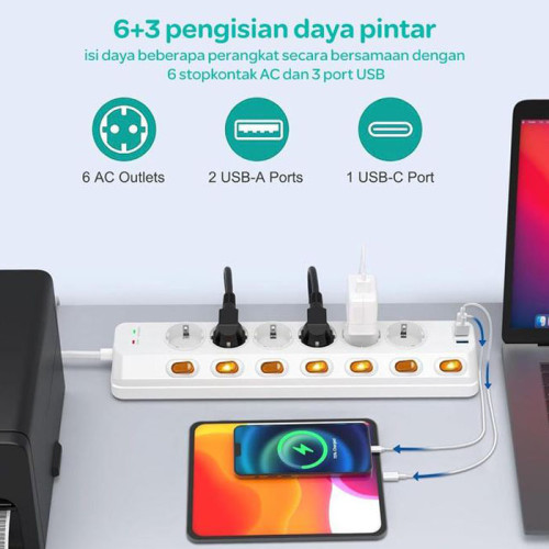 GES GM6CU-NR Colokan Stop Kontak 6 Socket 3 USB Anti Petir Surge Protector