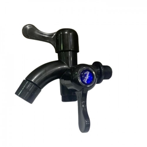 Kran Keran Air Cabang Dua 1/2 Inch Hitam Plastik Kran Double Kamar Mandi