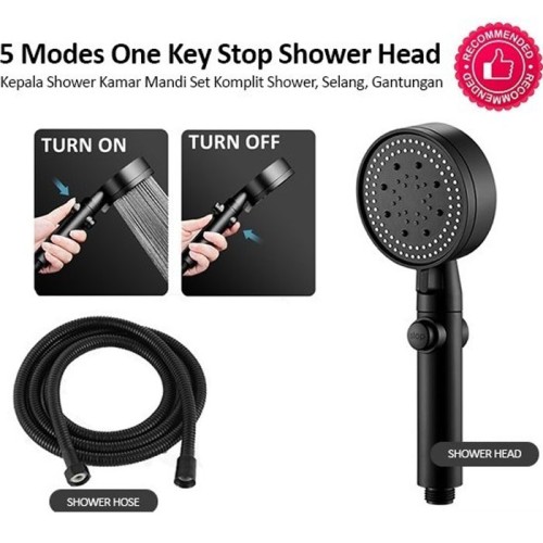 Paket Kepala Shower 5 Mode Selang 150cm Hitam Fleksibel Kamar Mandi