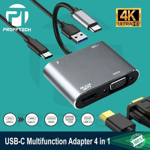 Profftech Converter USB-C to Type C HDTV VGA USB 3.0 Adapter 4 in 1