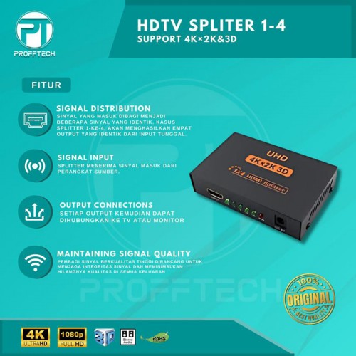 Profftech HDTV HDMI Splitter 4 Port 1 In 4 Out 1-4 Full HD 3D 4K