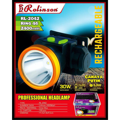 Rolinson Senter Kepala 30W Ring 46 Head Lamp Headlamp Rechargeable RL-2042