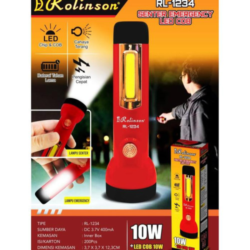Rolinson Senter Emergency 2 Mode Lampu LED COB 10W Charge Kabel USB RL-1234 