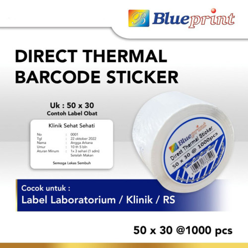 Blueprint Direct Thermal Sticker Label Stiker Barcode 50x30 mm 1 Line 1000 pcs