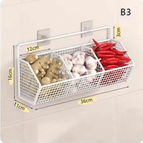Rak Keranjang Bahan Dapur Tempel Dinding Besi 3 Sekat