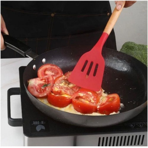 Spatula Sutil Bahan Silicon Gagang Kayu Sutil Bolong